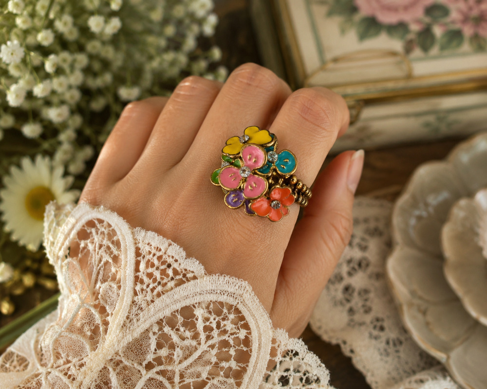 Colorful Enamel Flower Bouquet Stretch Ring Rhinestone Statement Fashion Jewelry